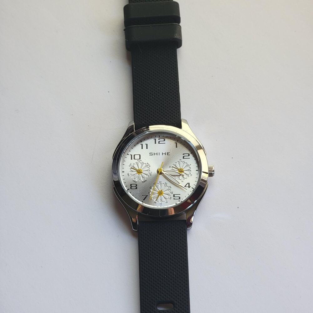 SHI HE Womens Watch Silver Dial Silver Tone Black Strap Multi Dial Day Date